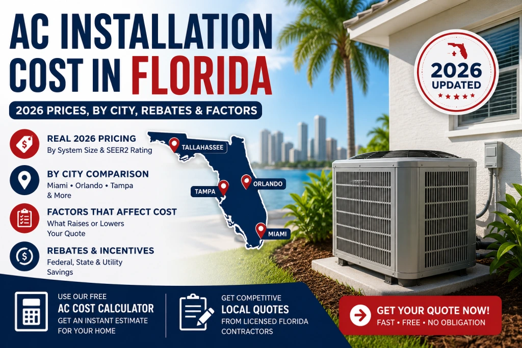 AC Installation Cost Florida infographic showing 2026 central AC installation prices, city cost comparison, rebates, and a modern outdoor air conditioner beside a Florida home.