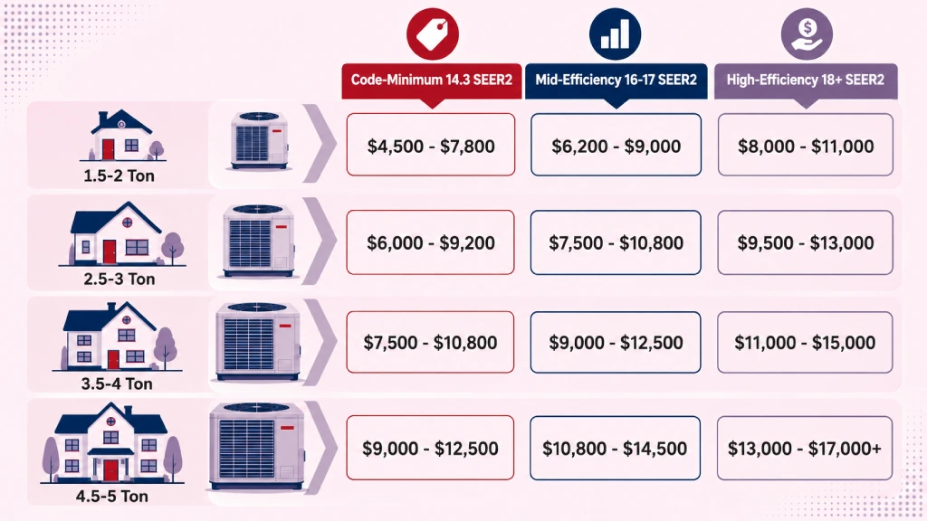 AC installation cost Florida by tonnage and SEER2 rating infographic