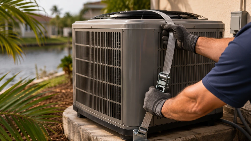 HVAC technician installing hurricane-rated AC unit in Florida