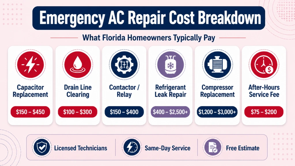 Emergency AC repair cost breakdown by issue infographic