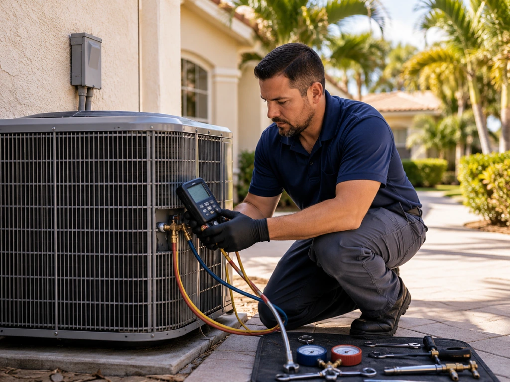 HVAC technician installing high SEER2 variable-speed AC system in Florida home