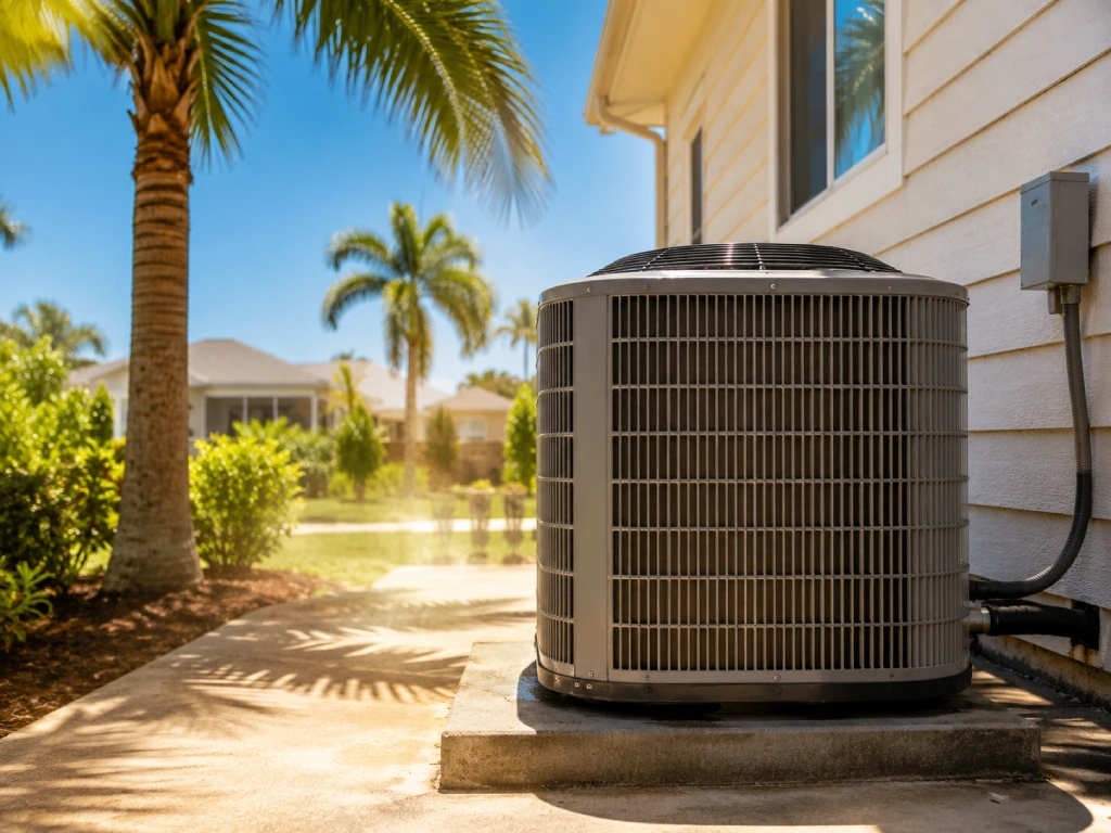 Outdoor AC condenser unit running in Florida summer heat