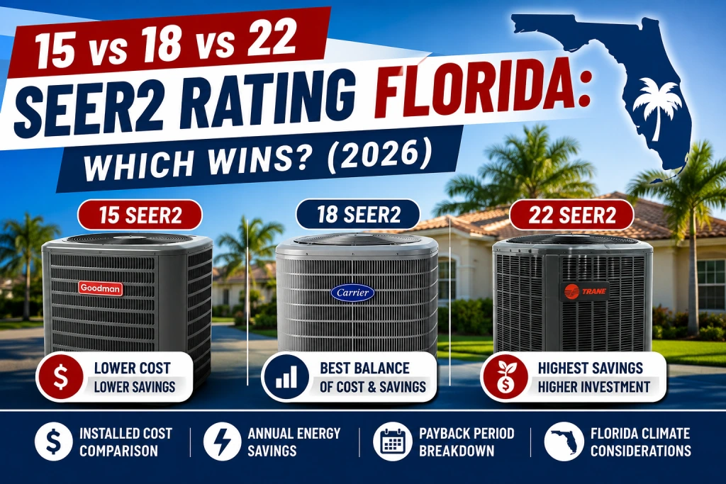SEER2 rating Florida comparison, 15 vs 18 vs 22 SEER2 air conditioners