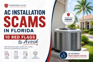 Florida homeowner reviewing an AC installation contract with a technician