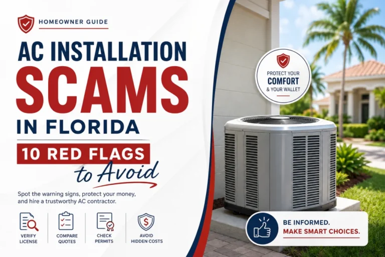 Florida homeowner reviewing an AC installation contract with a technician