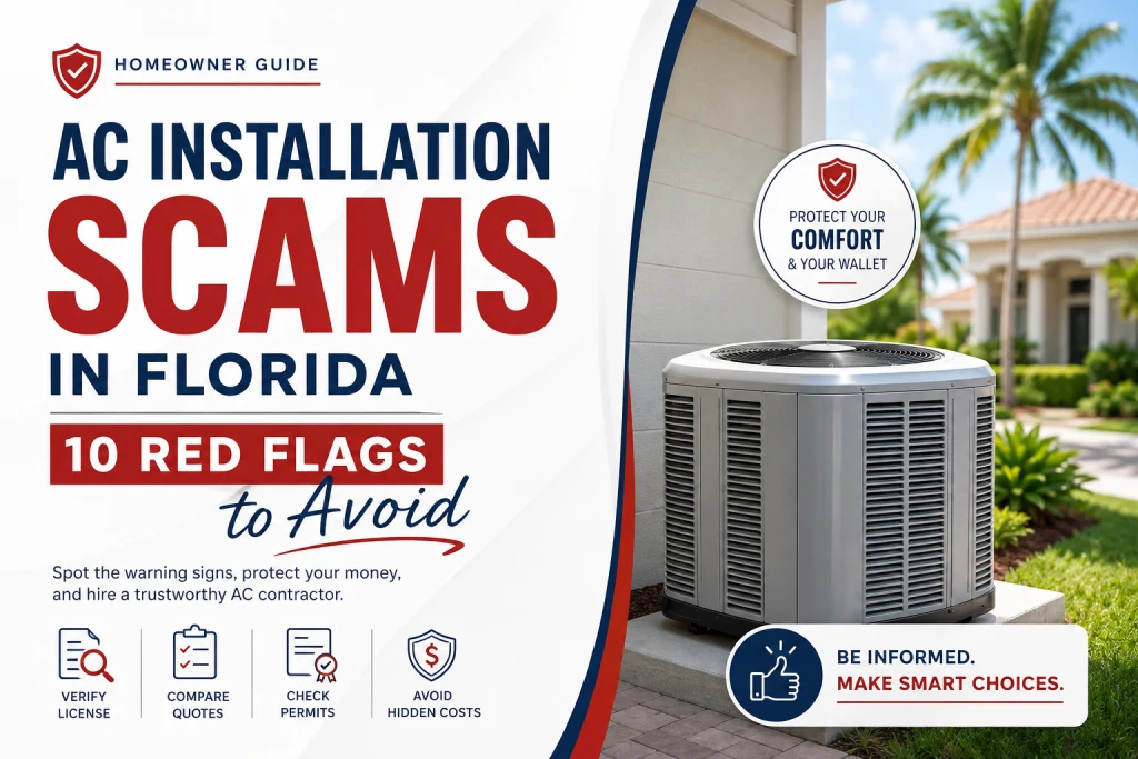 Florida homeowner reviewing an AC installation contract with a technician