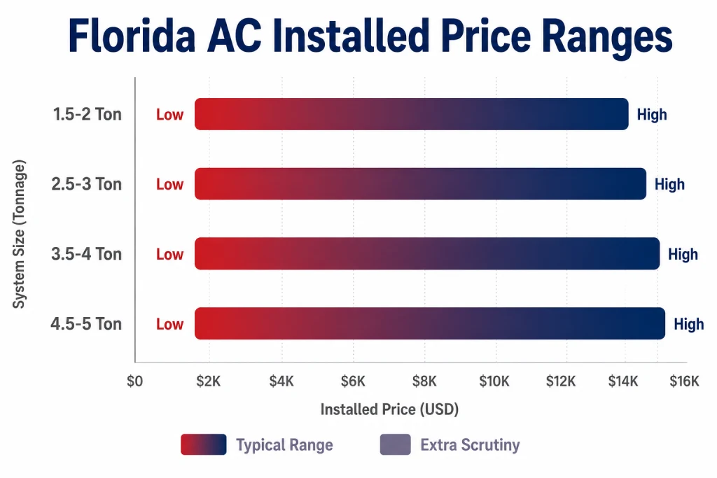 Florida AC installation price ranges by tonnage infographic