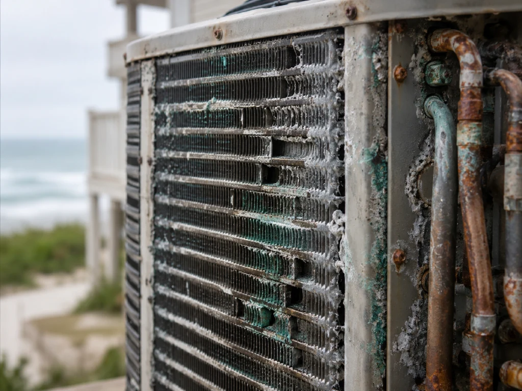 Corroded AC condenser coil from Florida coastal salt air damage