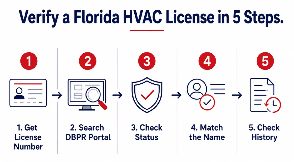 How to verify a Florida HVAC contractor license through DBPR, step by step infographic