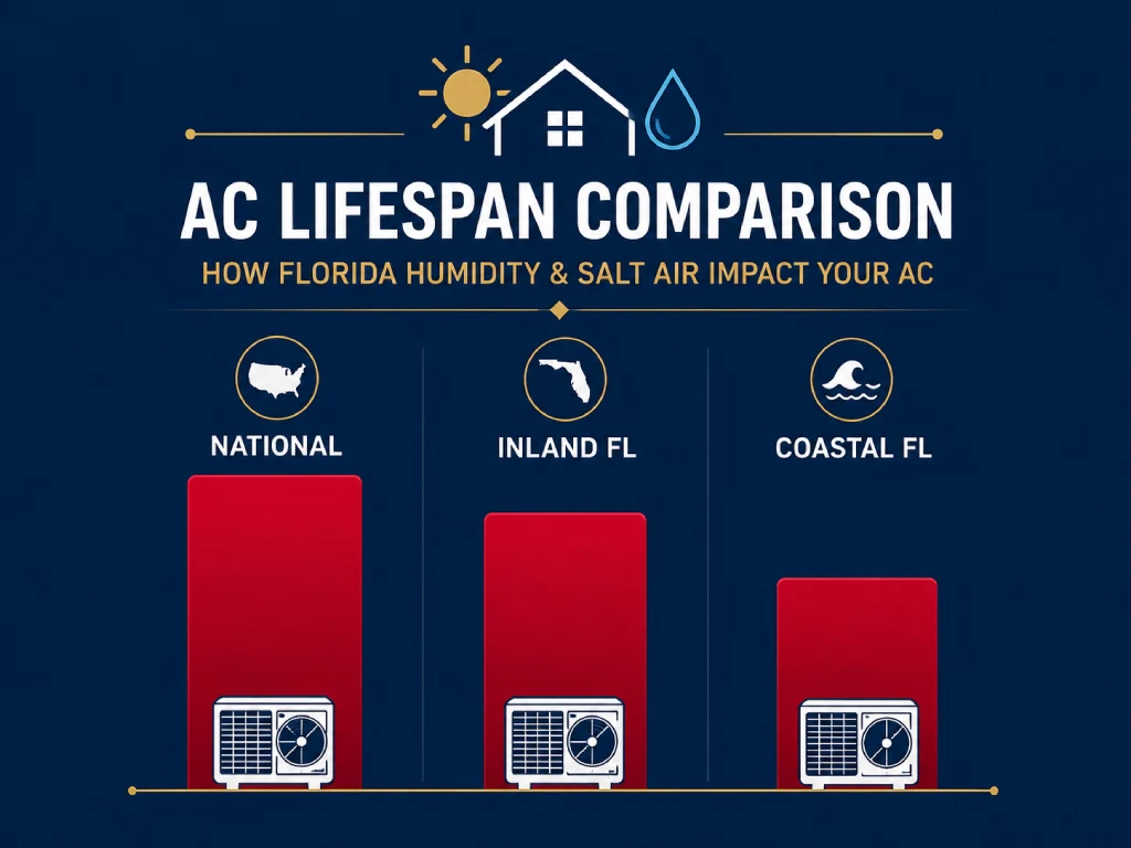 Florida humidity AC lifespan chart comparing national average to Florida inland and coastal homes