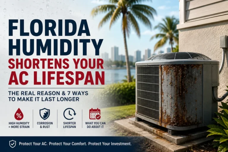 Outdoor AC condenser in humid Florida backyard illustrating how humidity affects AC lifespan