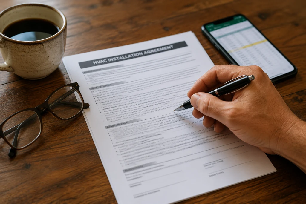 Close-up of a homeowner reviewing an HVAC installation contract and equipment specifications