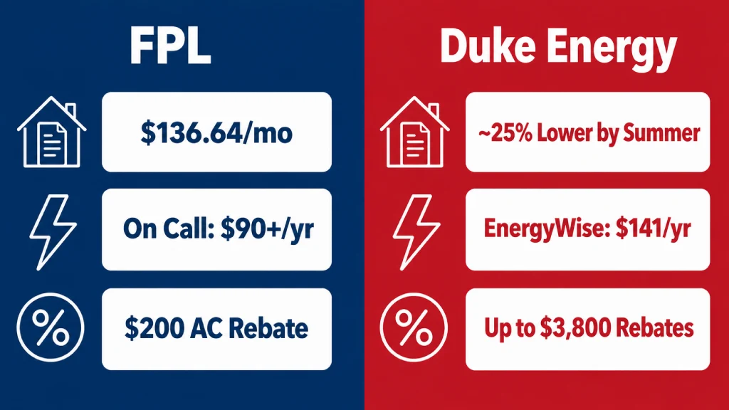 FPL vs Duke Energy Florida 2026 bill and rebate program comparison