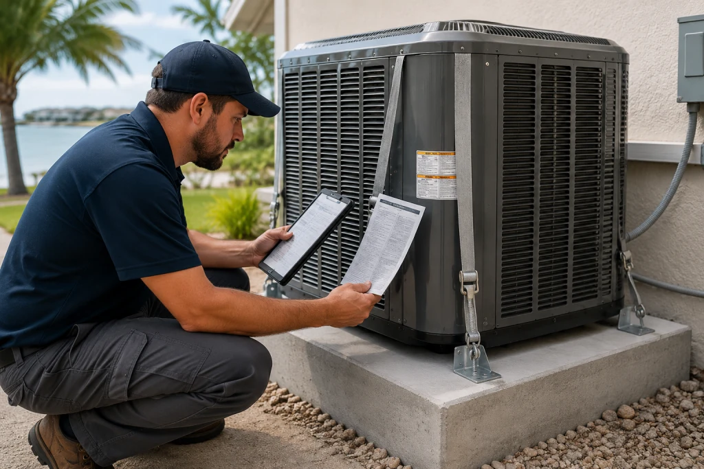 Technician checking HVHZ product approval documentation during a Miami-Dade AC installation