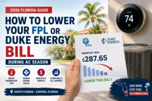 Florida homeowner adjusting a smart thermostat to lower an FPL or Duke Energy AC bill