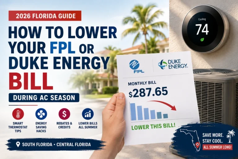 Florida homeowner adjusting a smart thermostat to lower an FPL or Duke Energy AC bill