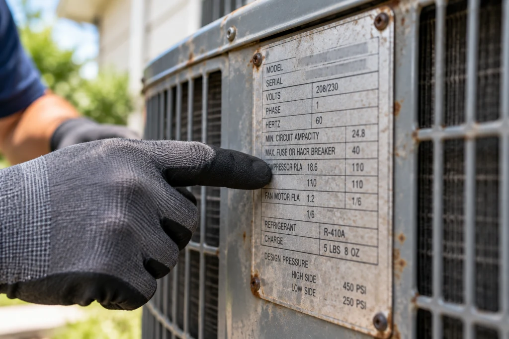 Close-up photo of an outdoor AC unit data plate used to check refrigerant type before approving a Florida repair