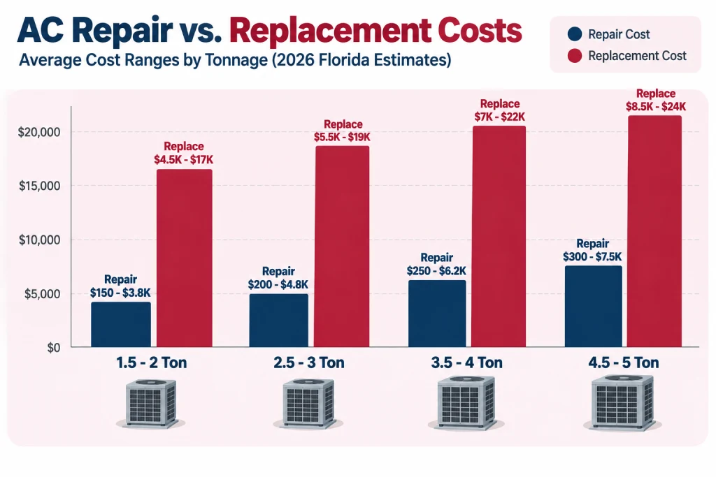 Bar chart comparing typical Florida AC repair costs and replacement costs by system size in 2026