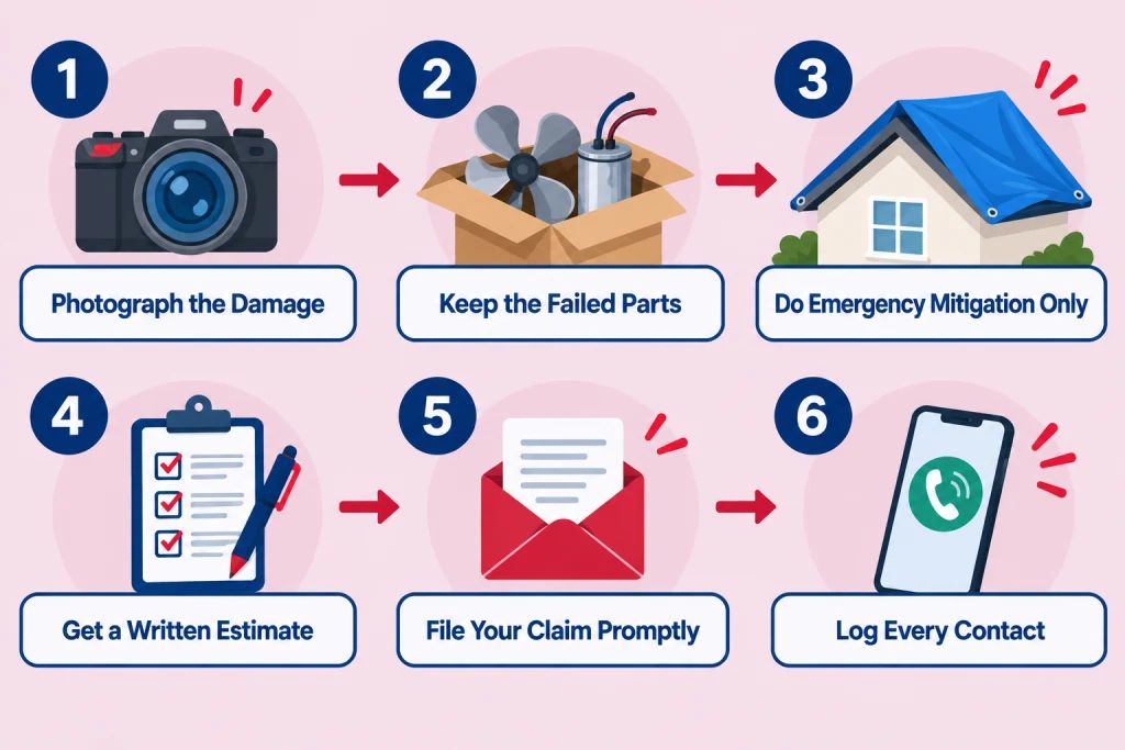 Checklist infographic showing the six steps to document AC storm damage for a Florida homeowners insurance claim
