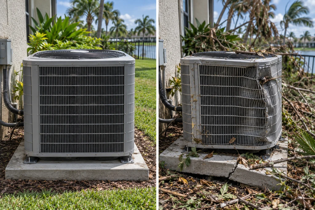 Side by side photo comparing a normal Florida AC condenser to one with visible hurricane storm damage
