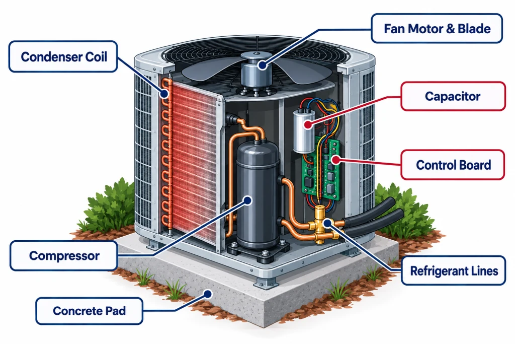 Labeled diagram of an AC condenser showing the coil, compressor, capacitor, and control board that storms can damage