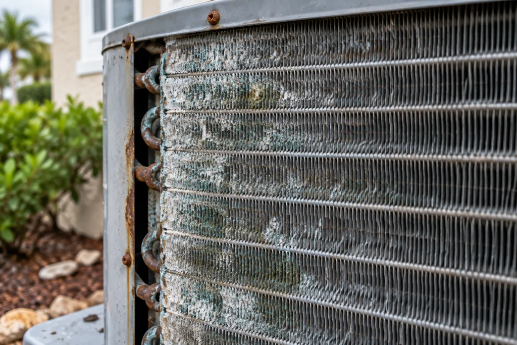 Close-up of a Florida outdoor AC coil showing salt-air corrosion buildup near the coast, distinct from storm impact damage