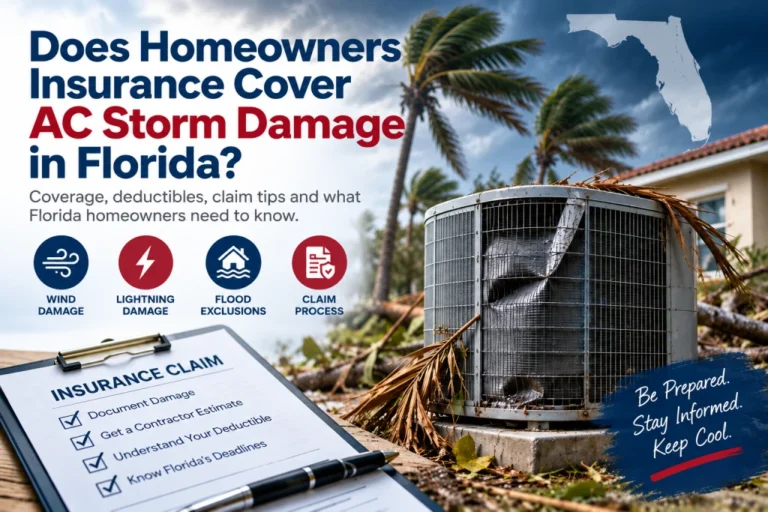 Does insurance cover AC storm damage in Florida: infographic comparing wind versus flood coverage for an outdoor AC unit