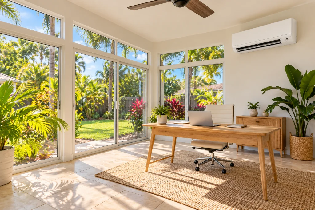 Ductless mini split head installed in a converted Florida sunroom addition without central ductwork