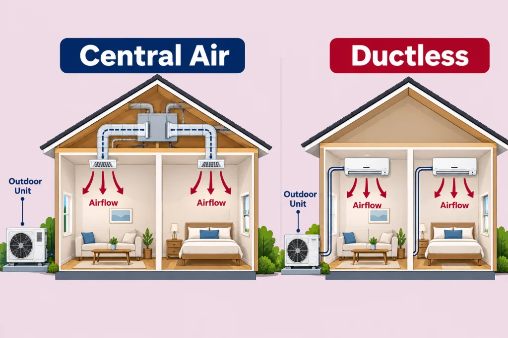 Diagram comparing how a ductless mini split and a central air conditioning system distribute air in a Florida home