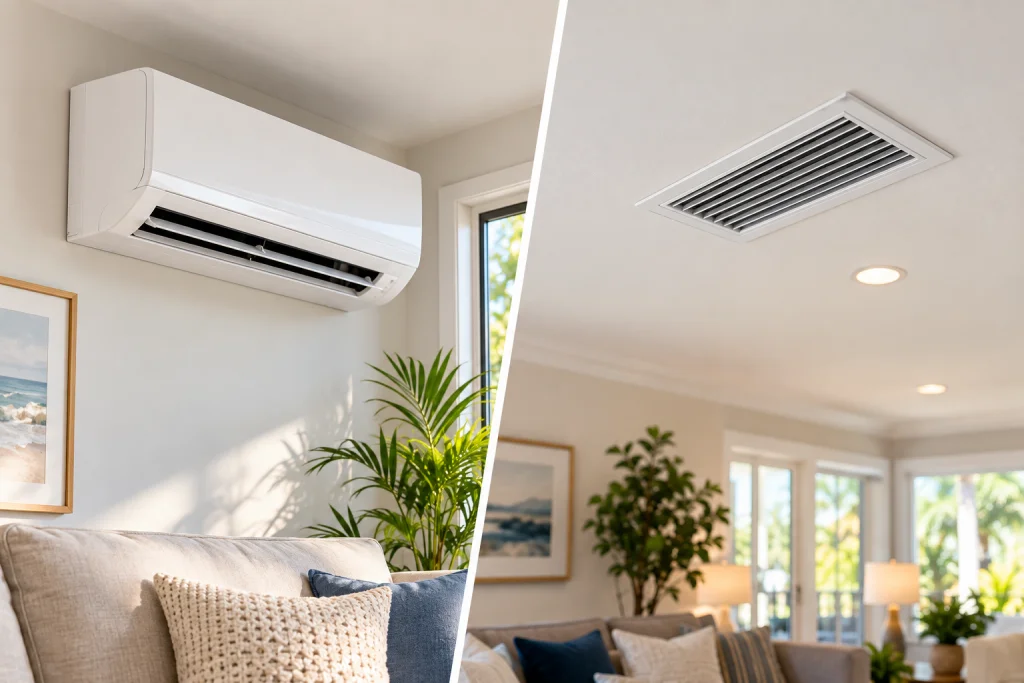 Close-up comparison of a visible ductless wall unit next to a hidden central air supply register in a Florida room