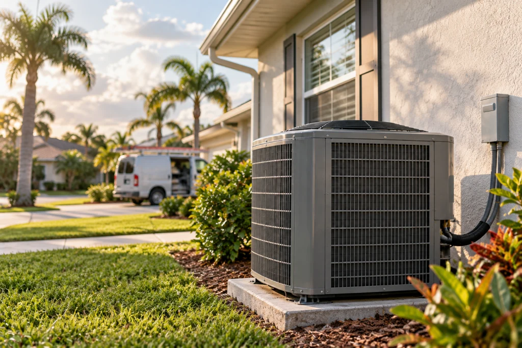 Outdoor AC condenser unit at a Florida home in early fall representing the best season to schedule a replacement