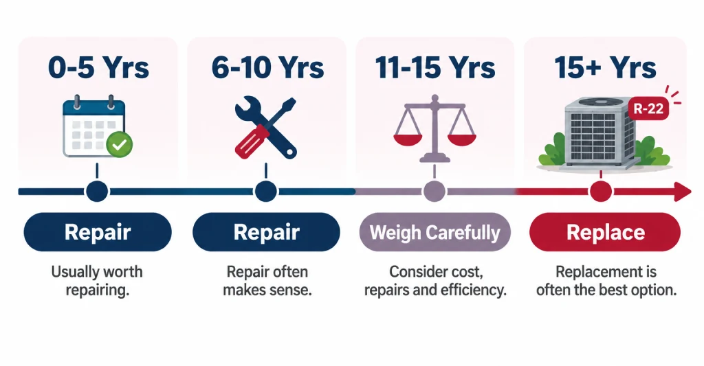 Timeline infographic of Florida AC age brackets from 0 to 15 plus years showing when to repair or replace
