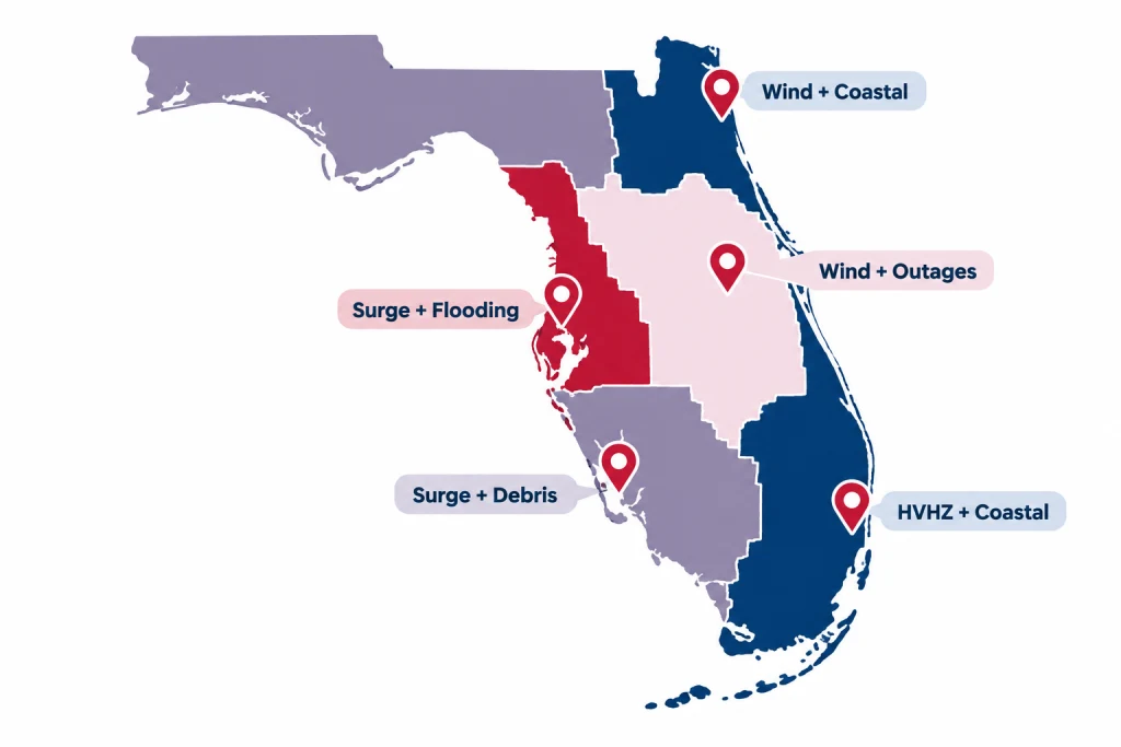 Map of Florida regions showing hurricane AC risk factors from HVHZ coastal counties to inland cities