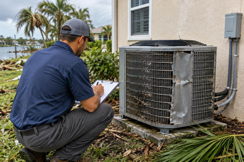 Licensed Florida HVAC contractor inspecting a storm-damaged outdoor AC unit and writing a written repair estimate