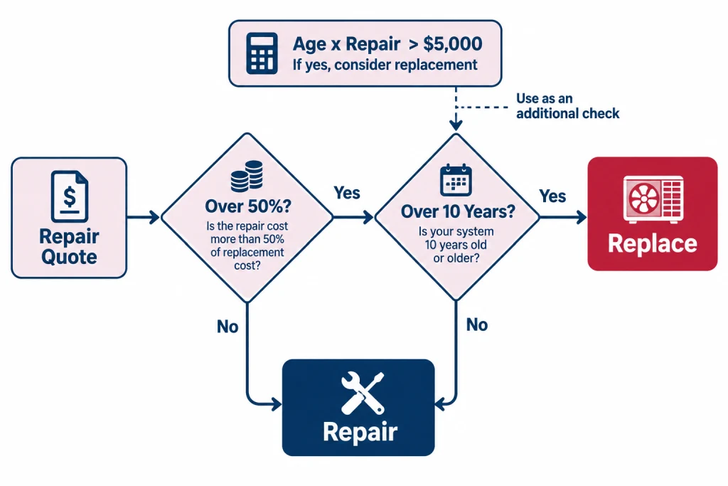 Flowchart to help you repair or replace AC in Florida using the 50 percent rule and the 5000 dollar age times repair check
