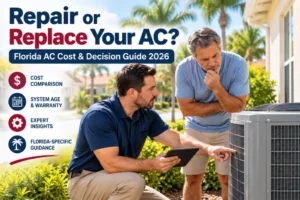 Florida homeowner and HVAC technician discussing a repair or replace decision beside an outdoor AC condenser unit