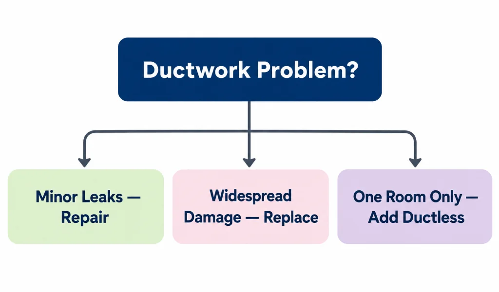 Flowchart for deciding whether to repair ductwork, replace it, or add a ductless mini split zone in Florida