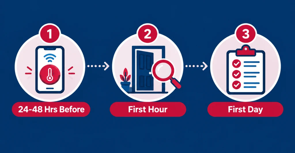 Florida snowbird AC checklist timeline showing 24 to 48 hours before arrival, first hour home, and first day back steps