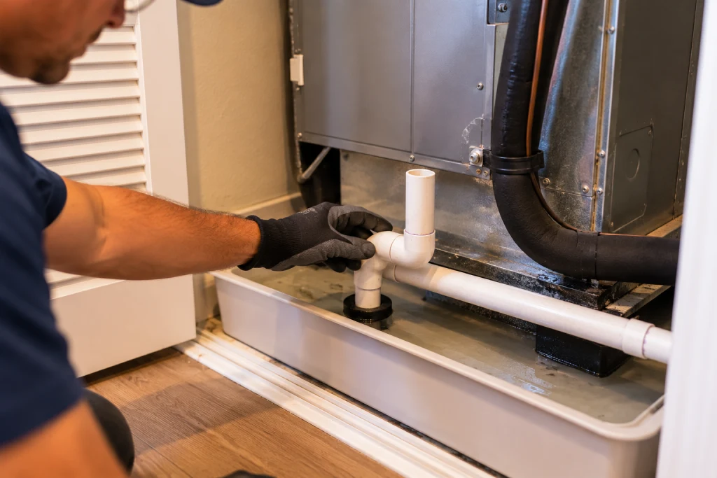 Technician checking a Florida air handler closet condensate drain line and pan for water damage after months vacant