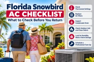 Snowbird returning to a Florida home with the outdoor AC unit visible, ready for a snowbird AC checklist Florida return