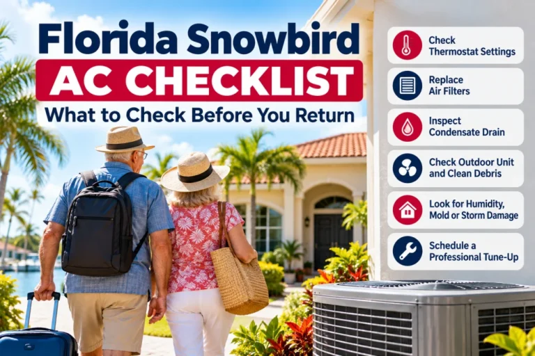 Snowbird returning to a Florida home with the outdoor AC unit visible, ready for a snowbird AC checklist Florida return