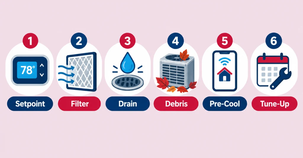 Snowbird AC checklist Florida pre-arrival infographic: setpoint, filter, drain, debris, pre-cool, and tune-up icons