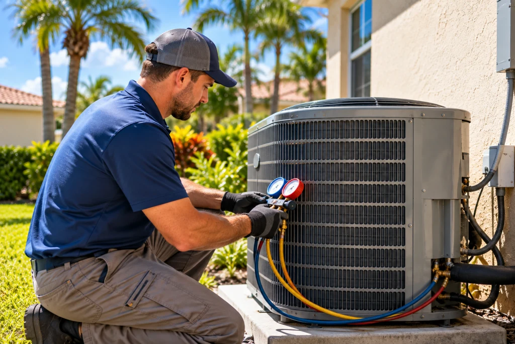 HVAC technician servicing an outdoor AC condenser unit during a Florida snowbird pre-arrival tune-up visit