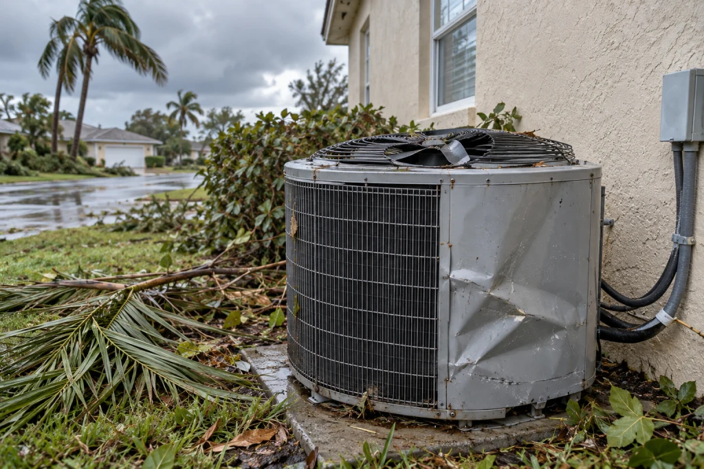 Does insurance cover AC storm damage in Florida? Outdoor AC condenser with a dented cabinet and bent fan blade after hurricane debris damage